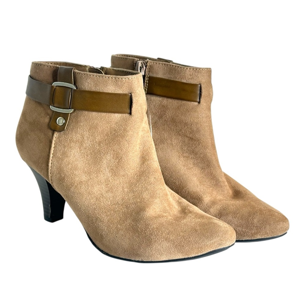 East 5th Microfiber Tan Belt Almond Toe Kitten Mid Heel Zipper Ankle Booties 7.5